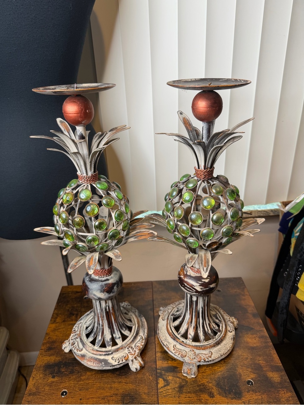 Vintage Hollywood Regency Pair Pineapple Candle Holders Green Glass Gems Distres
